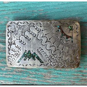 VTG Navajo Belt Buckle Turquoise Coral Inlay‎ Guild Artist C Sterling 3" x 2"
